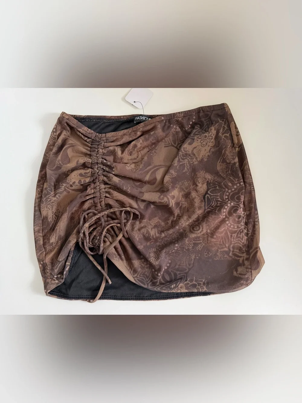 Off-Shoulder Brown Ruched Mini Skirt